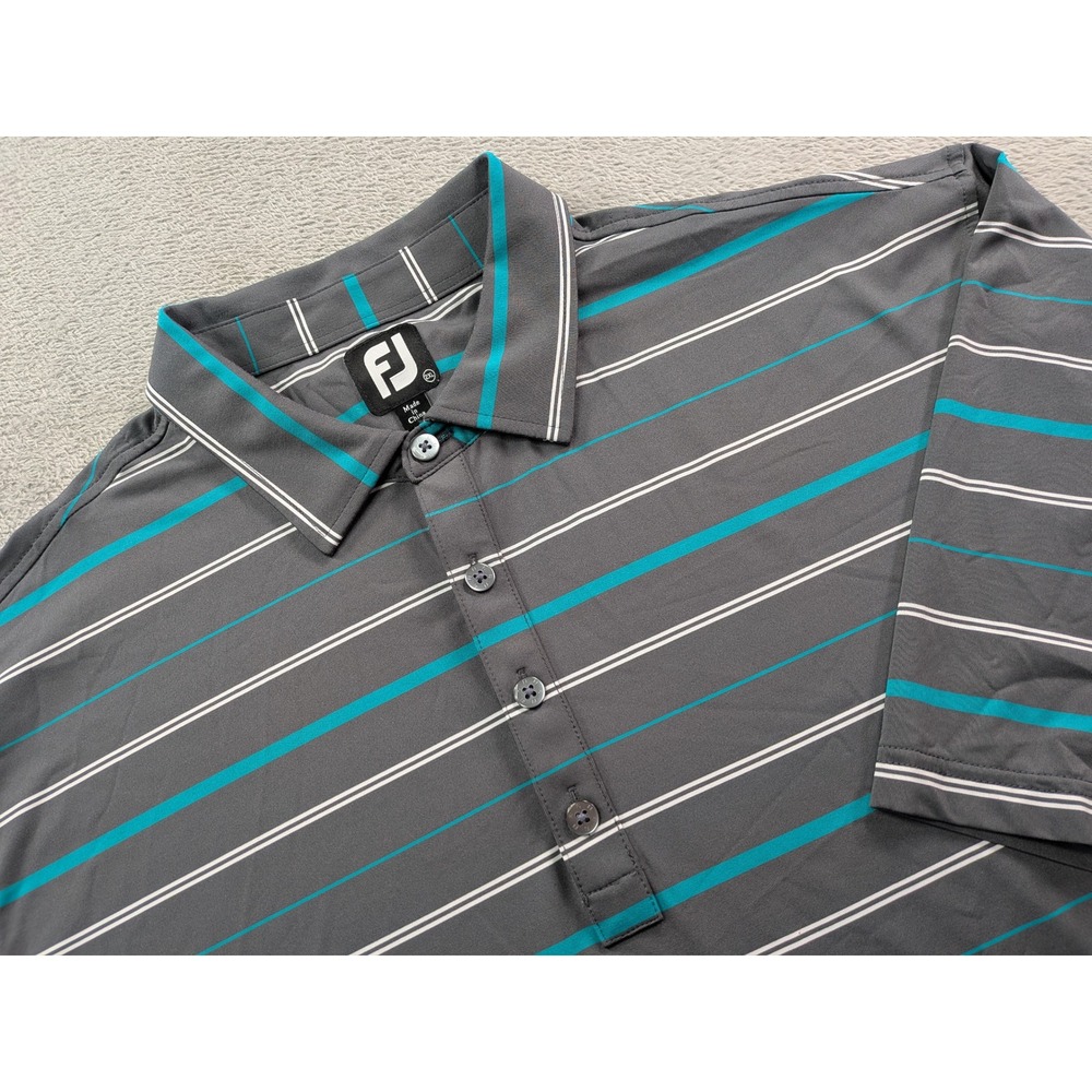 FootJoy Mens ProDry Golf Polo Shirt 2XL Grey Teal Striped Short Sleeve 26378